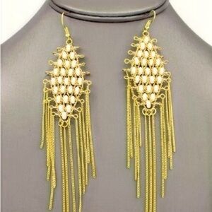 Statement Yellow Metal and White Bead Fringe Earrings (pierced)
(New)